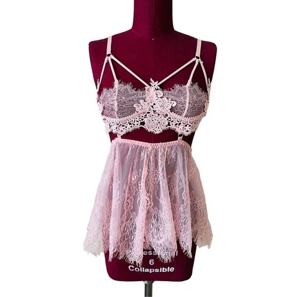 Lace Wireless Spaghetti Bra Camisole Short Pajama Top pink - Picture 1 of 12